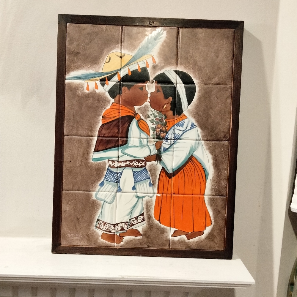 Artist signed vintage framed painted tile art